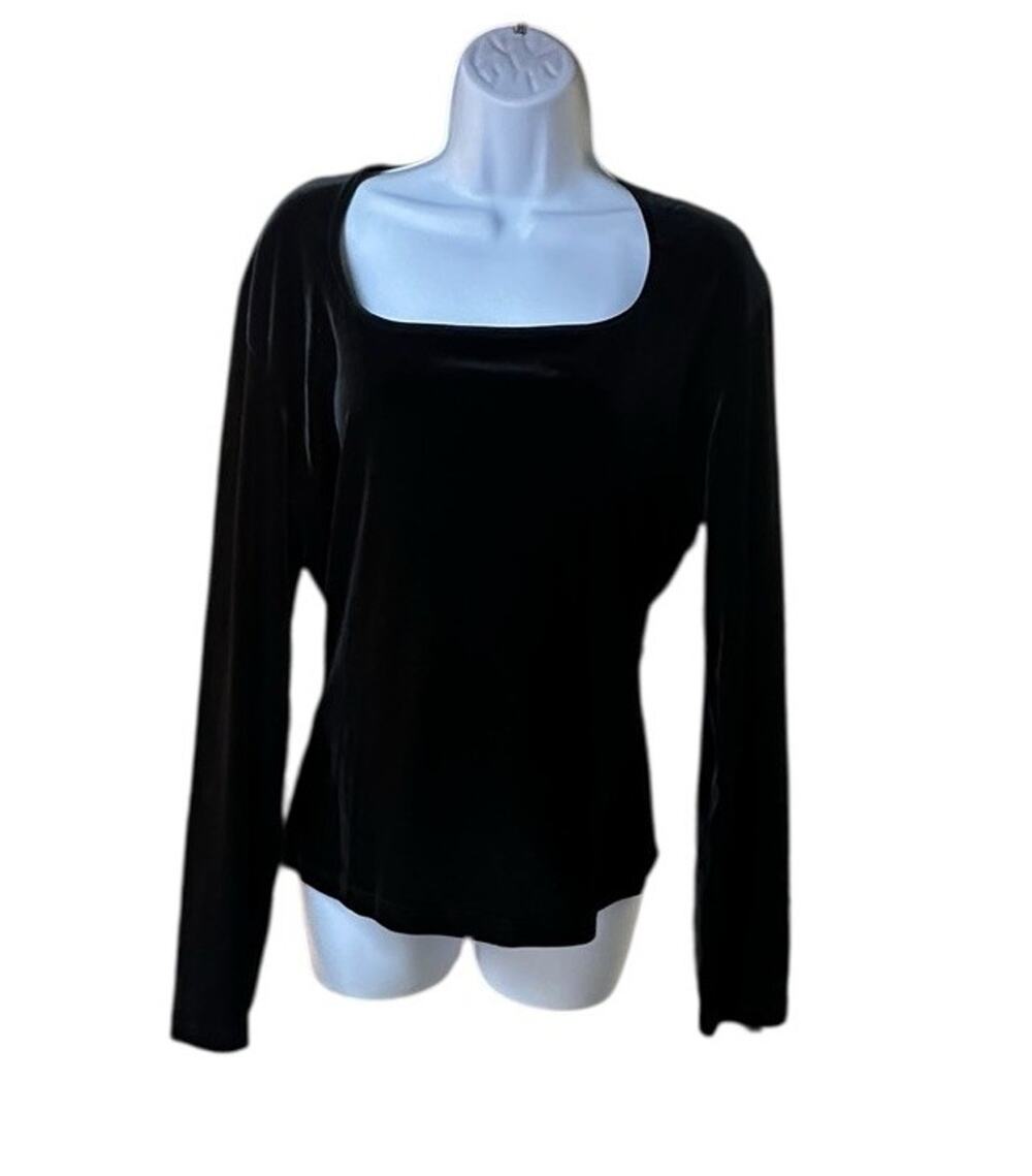 International Newport Garment Black Velvet Top Long Sleeve Square Neck Y2K READ